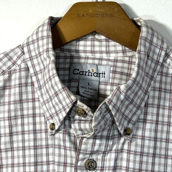 Carhartt Mens L Shirt Work Relaxed Button Up Short Sleeve White Chambray Plaid - Picture 5 of 8